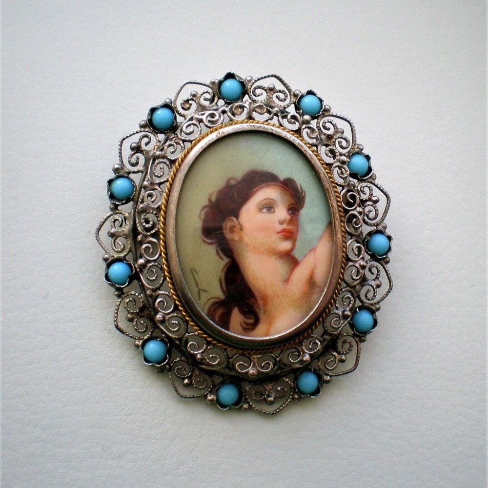 Antique 800 Silver Faux Turquoise Lady Cameo Style Filigree Brooch Pin Pendant